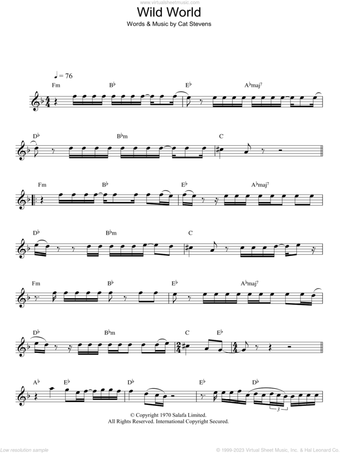 Wild World sheet music for voice and other instruments (fake book) by Cat Stevens, intermediate skill level