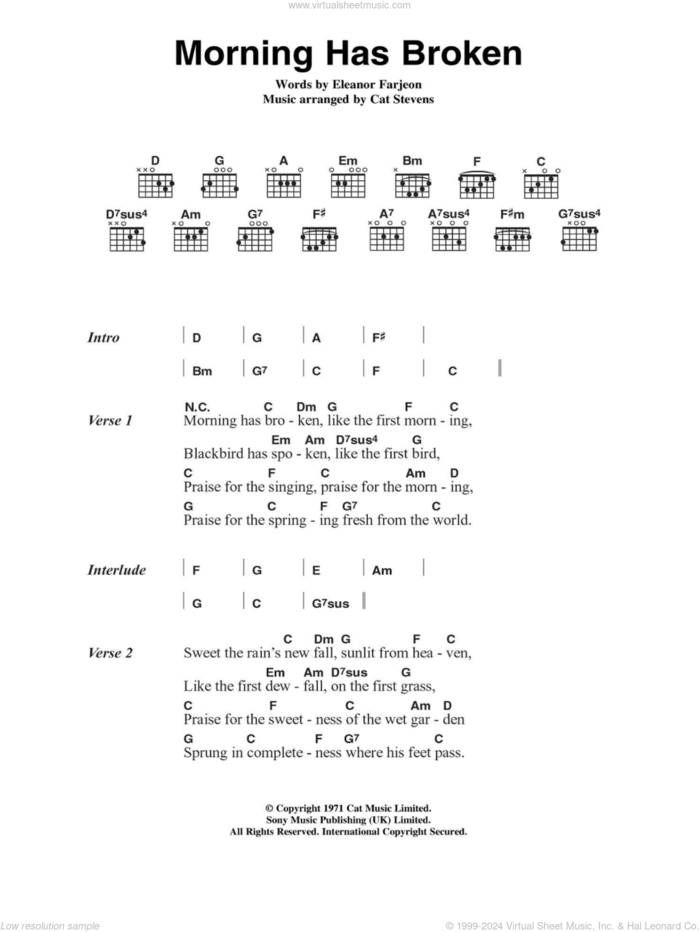 Morning Has Broken sheet music for guitar (chords) by Cat Stevens and Eleanor Farjeon, intermediate skill level