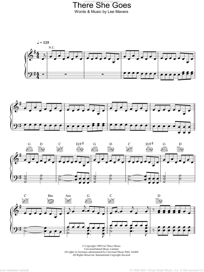 There She Goes sheet music for voice, piano or guitar by The La's and Lee Mavers, intermediate skill level