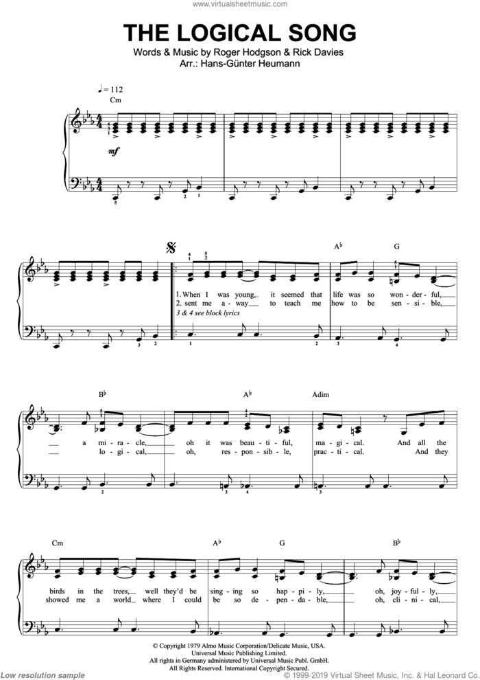 The Logical Song sheet music for voice and piano by Supertramp, Rick Davies and Roger Hodgson, intermediate skill level