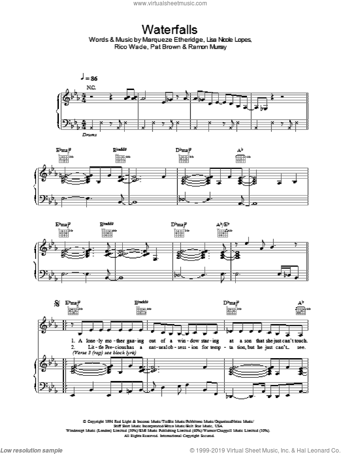 Waterfalls sheet music for voice, piano or guitar by Marqueze Etheridge, intermediate skill level