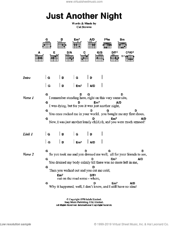 Just Another Night sheet music for guitar (chords) by Cat Stevens, intermediate skill level