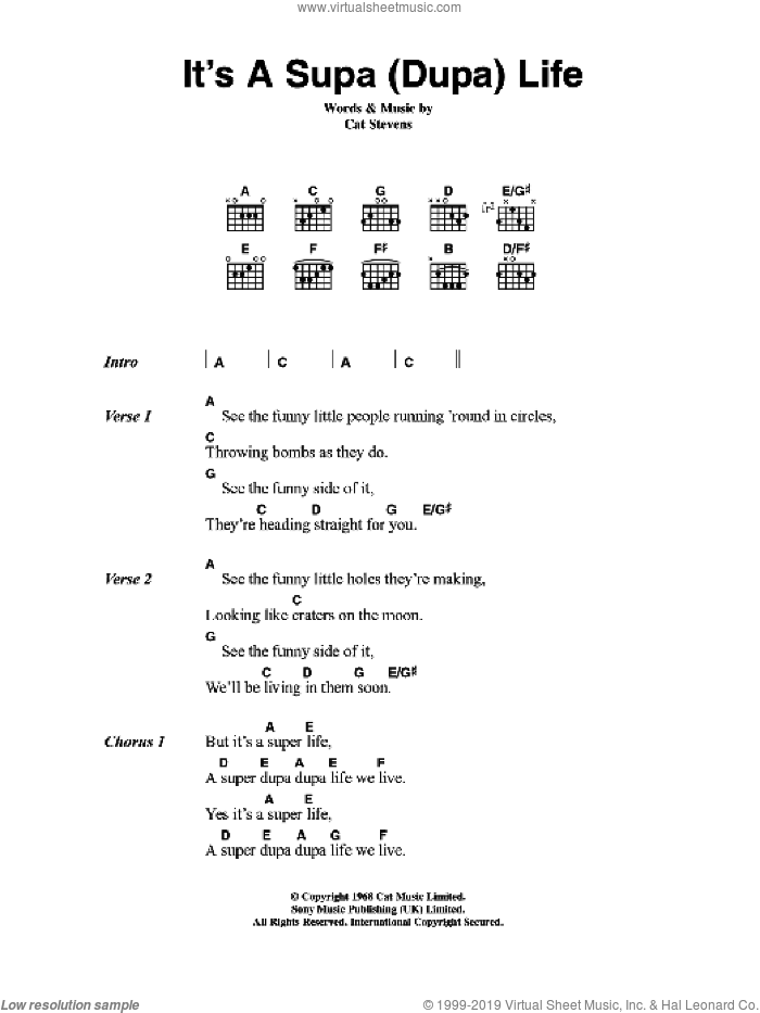 It's A Supa (Dupa) Life sheet music for guitar (chords) by Cat Stevens, intermediate skill level