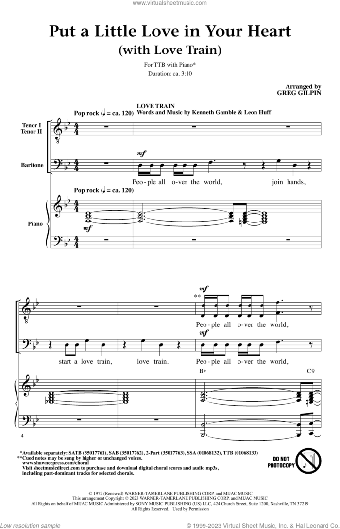 Put A Little Love In Your Heart (with Love Train) sheet music for choir (TTBBB) by Kenneth Gamble, Greg Gilpin, Jackie DeShannon, Jimmy Holiday, Leon Huff and Randy Myers, intermediate skill level