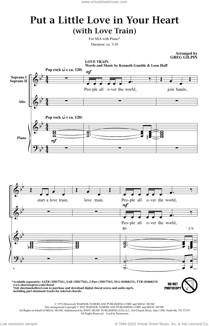 Put A Little Love In Your Heart (with Love Train) sheet music for choir (SSA: soprano, alto) by Kenneth Gamble, Greg Gilpin, Jackie DeShannon, Jimmy Holiday, Leon Huff and Randy Myers, intermediate skill level