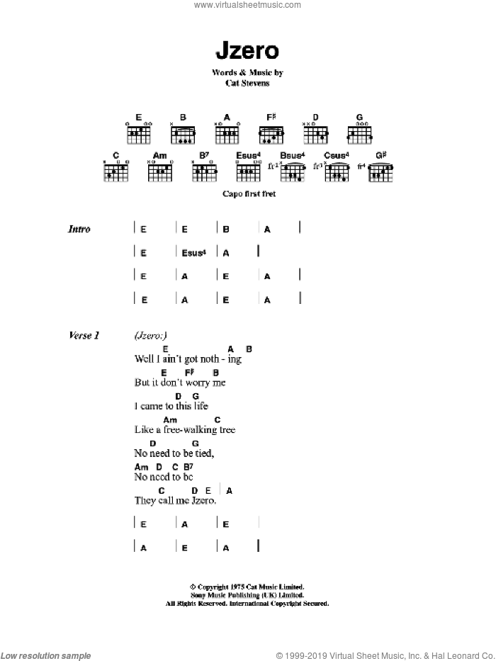 Jzero sheet music for guitar (chords) by Cat Stevens, intermediate skill level