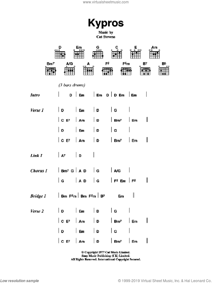 Kypros sheet music for guitar (chords) by Cat Stevens, intermediate skill level