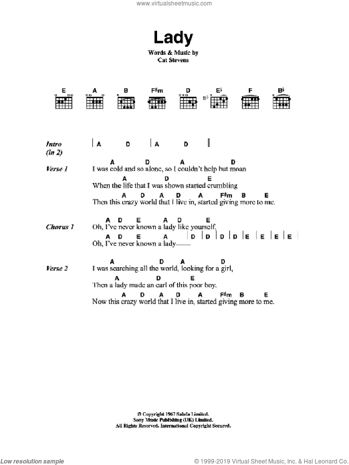 Lady sheet music for guitar (chords) by Cat Stevens, intermediate skill level