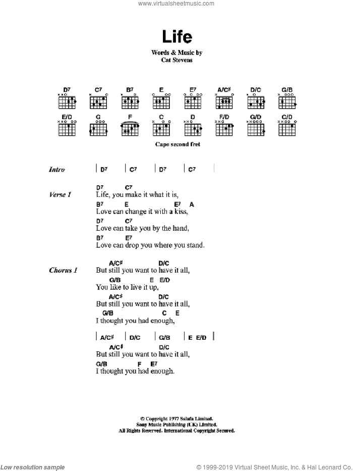 Life sheet music for guitar (chords) by Cat Stevens, intermediate skill level