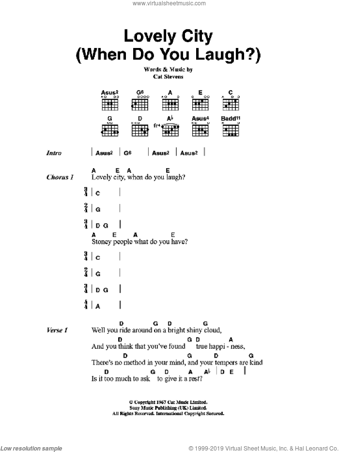 Lovely City (When Do You Laugh?) sheet music for guitar (chords) by Cat Stevens, intermediate skill level