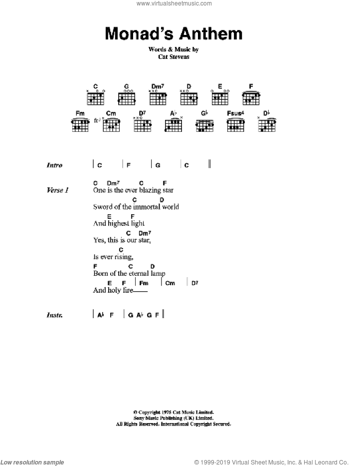 Monad's Anthem sheet music for guitar (chords) by Cat Stevens, intermediate skill level
