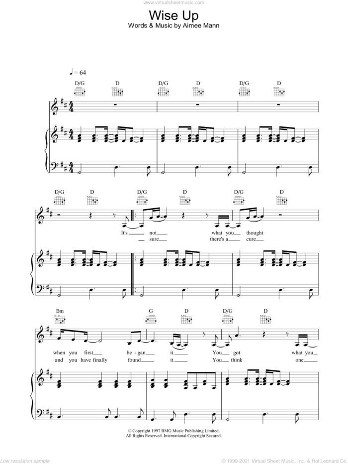 Wise Up sheet music for voice, piano or guitar by Aimee Mann, intermediate skill level