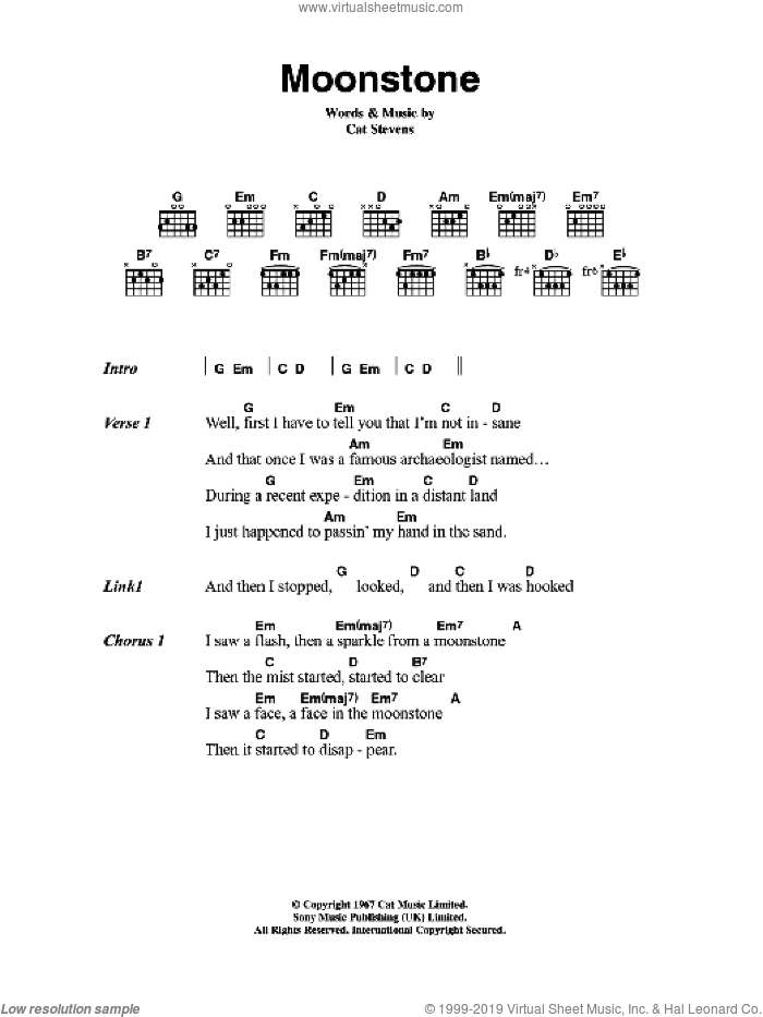 Moonstone sheet music for guitar (chords) by Cat Stevens, intermediate skill level