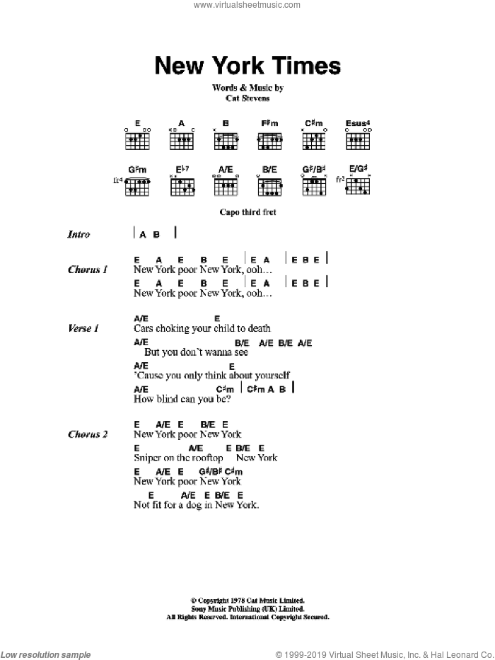 New York Times sheet music for guitar (chords) by Cat Stevens, intermediate skill level