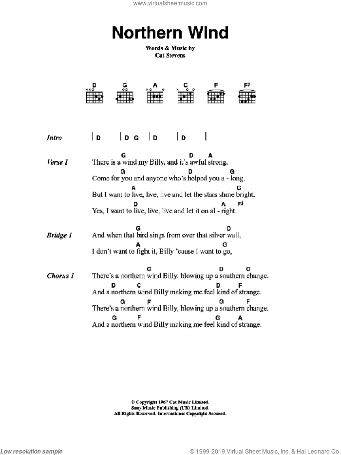 Northern Wind sheet music for guitar (chords) by Cat Stevens, intermediate skill level