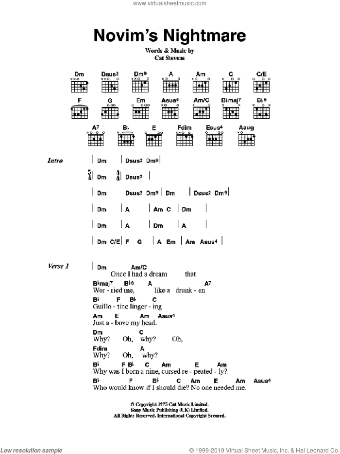Novim's Nightmare sheet music for guitar (chords) by Cat Stevens, intermediate skill level