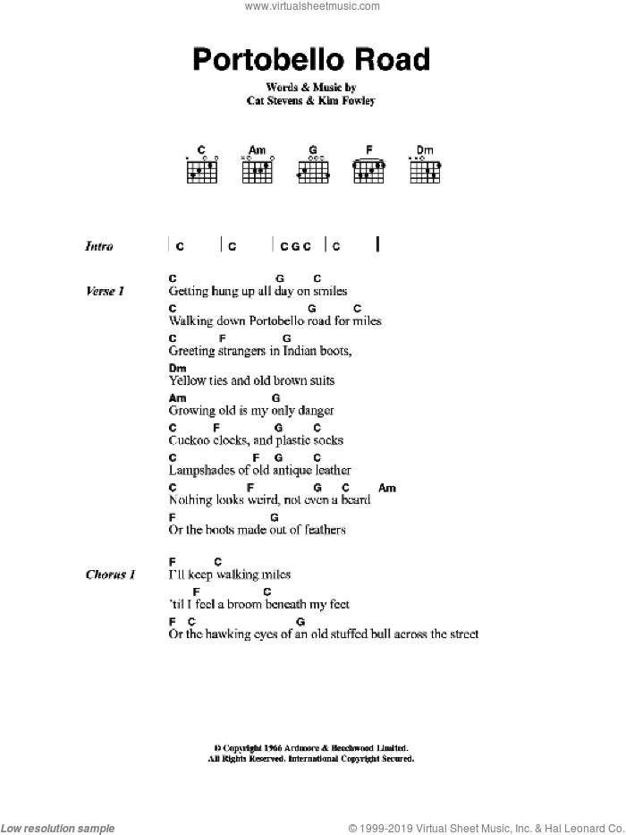 Portobello Road sheet music for guitar (chords) by Cat Stevens and Kim Fowley, intermediate skill level