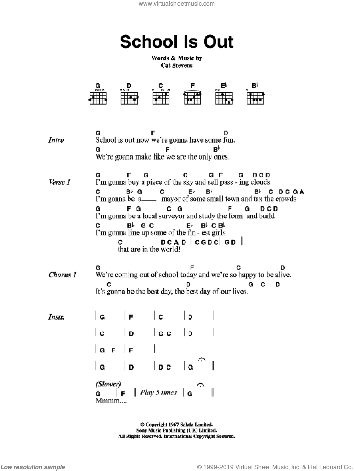 School Is Out sheet music for guitar (chords) by Cat Stevens, intermediate skill level