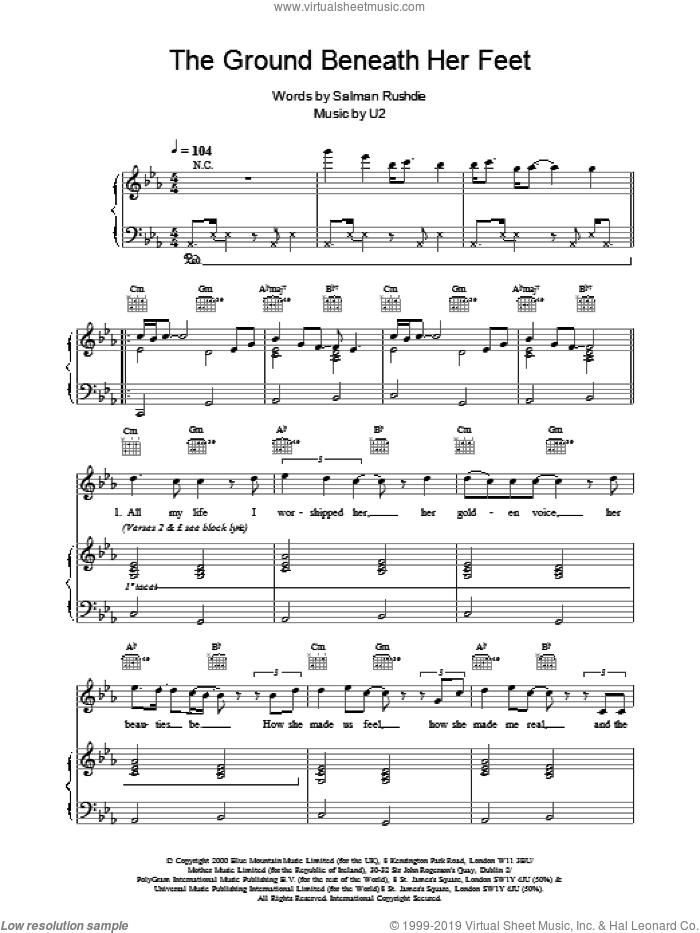 The Ground Beneath Her Feet sheet music for voice, piano or guitar by U2, intermediate skill level