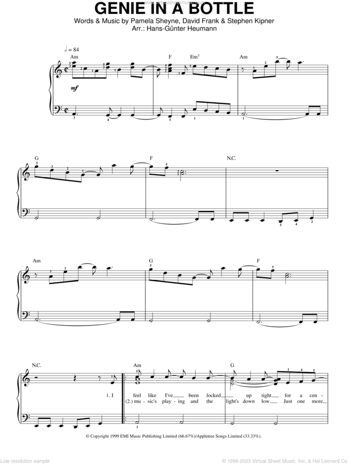 Genie In A Bottle sheet music for piano solo by Christina Aguilera, David Frank, Pam Sheyne and Steve Kipner, intermediate skill level