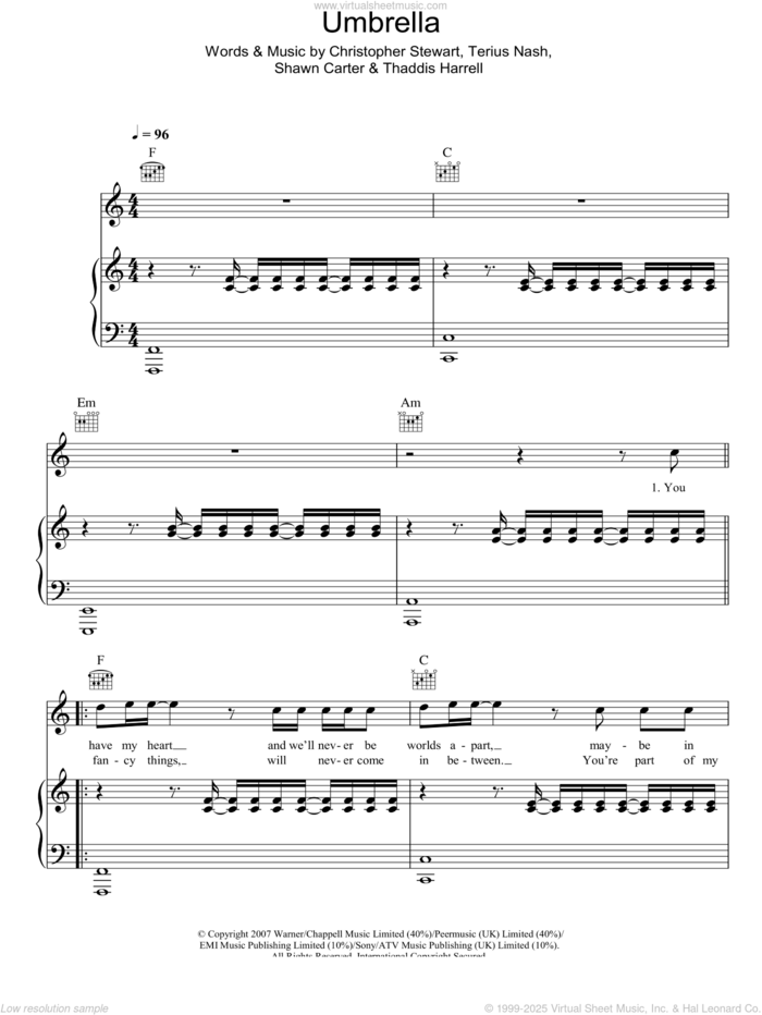 Umbrella sheet music for voice, piano or guitar by Manic Street Preachers, Rihanna featuring Jay-Z, Christopher Stewart, Shawn Carter, Terius Nash and Thaddis Harrell, intermediate skill level