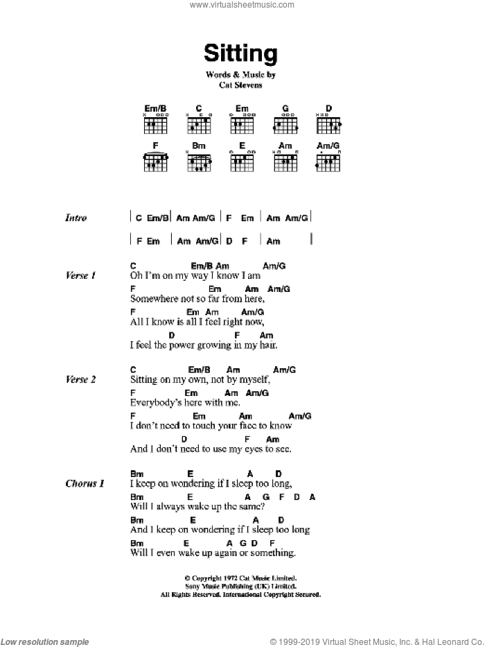 Sitting sheet music for guitar (chords) by Cat Stevens, intermediate skill level