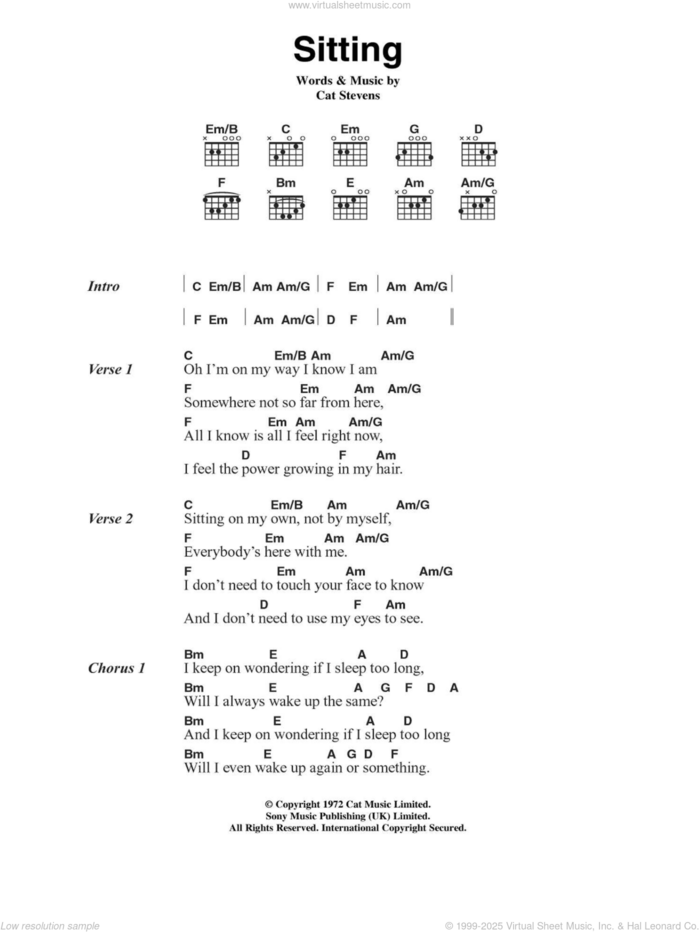 Sitting sheet music for guitar (chords) by Cat Stevens, intermediate skill level