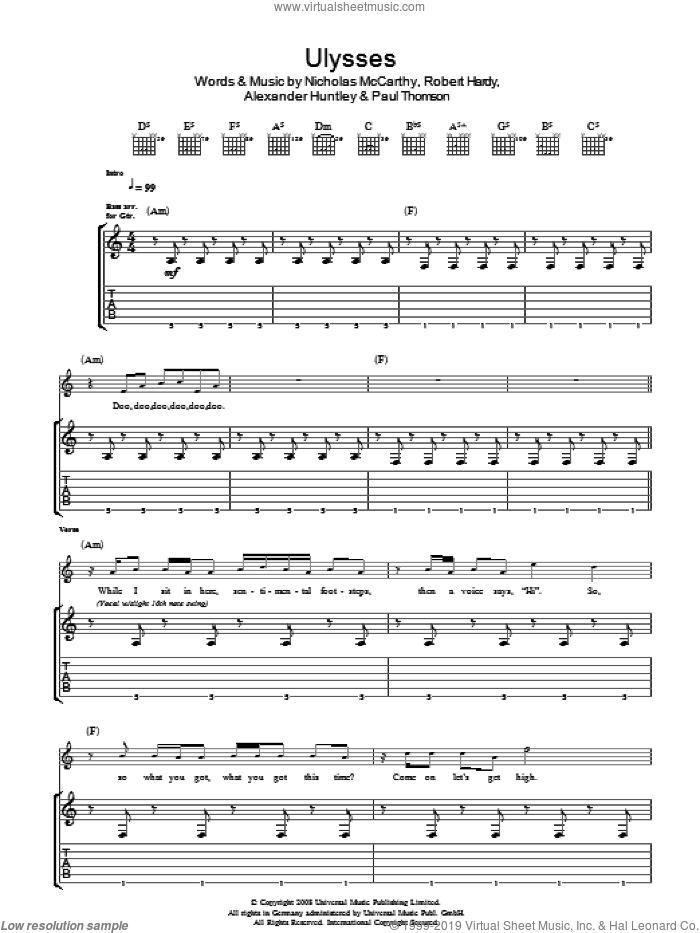 Ulysses sheet music for guitar (tablature) by Franz Ferdinand, Alexander Huntley, Nicholas McCarthy, Paul Thomson and Robert Hardy, intermediate skill level