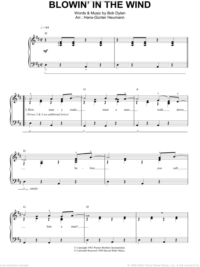 Blowin' In The Wind sheet music for piano solo by Bob Dylan and Peter, Paul & Mary, easy skill level