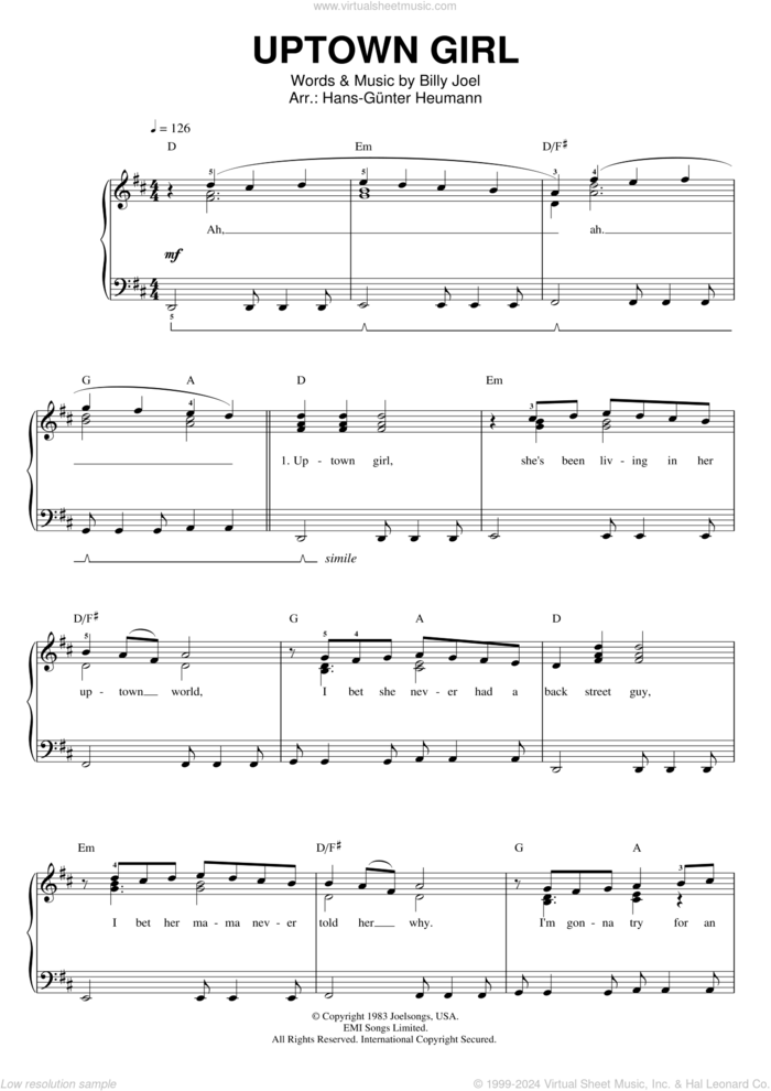 Uptown Girl sheet music for voice and piano by Billy Joel, intermediate skill level