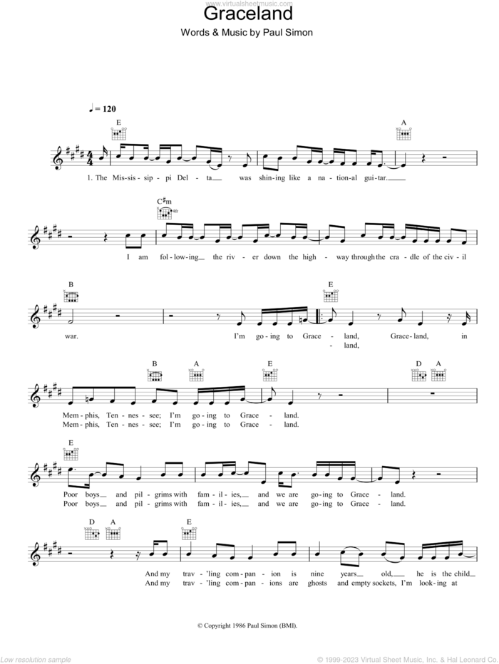 Graceland sheet music for voice and other instruments (fake book) by Paul Simon, intermediate skill level