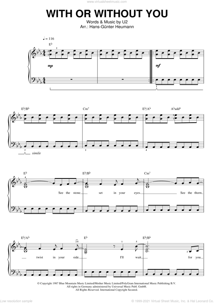 With Or Without You sheet music for voice and piano by U2, intermediate skill level
