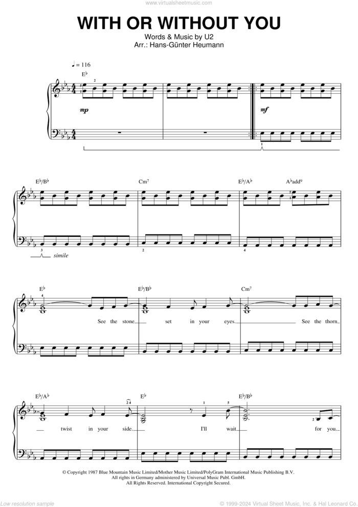 With Or Without You sheet music for voice and piano by U2, intermediate skill level