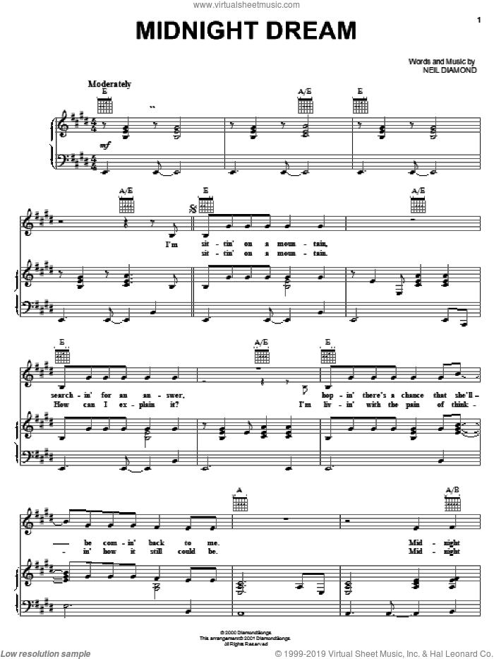 Midnight Dream sheet music for voice, piano or guitar by Neil Diamond, intermediate skill level