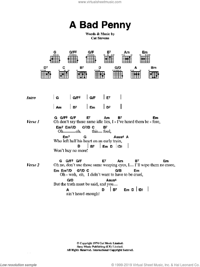 A Bad Penny sheet music for guitar (chords) by Cat Stevens, intermediate skill level