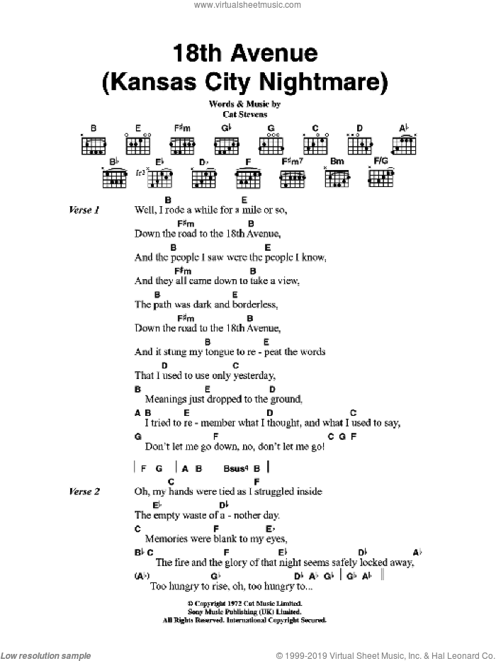 18th Avenue (Kansas City Nightmare) sheet music for guitar (chords) by Cat Stevens, intermediate skill level