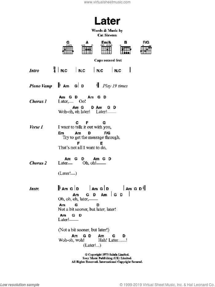 Later sheet music for guitar (chords) by Cat Stevens, intermediate skill level