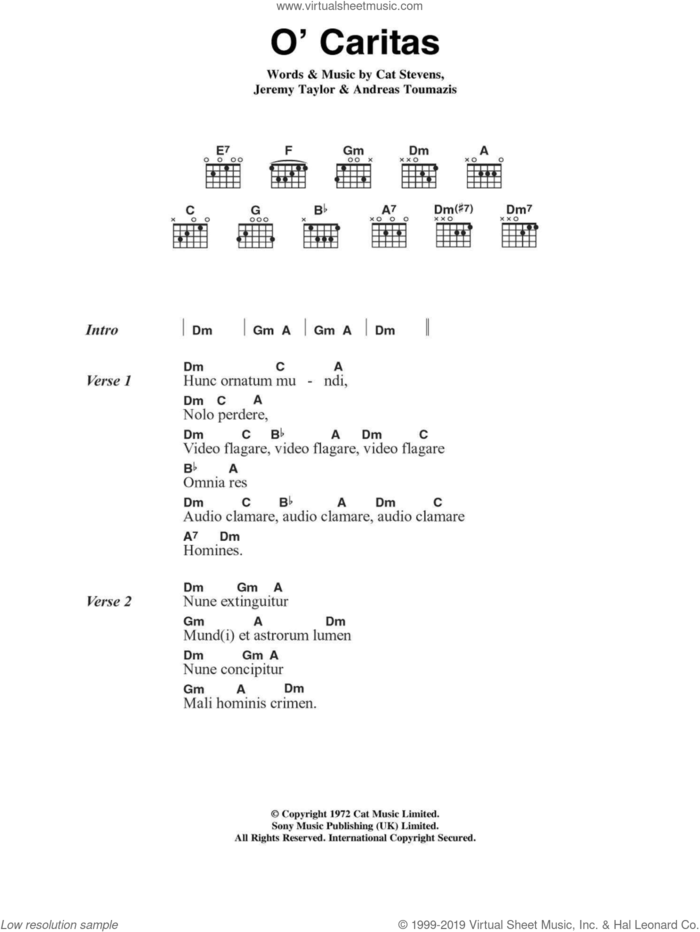 O' Caritas sheet music for guitar (chords) by Cat Stevens, Andreas Toumazis and Jeremy Taylor, intermediate skill level