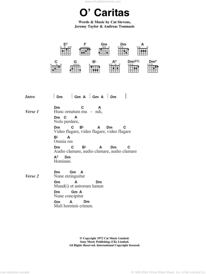 O' Caritas sheet music for guitar (chords) by Cat Stevens, Andreas Toumazis and Jeremy Taylor, intermediate skill level