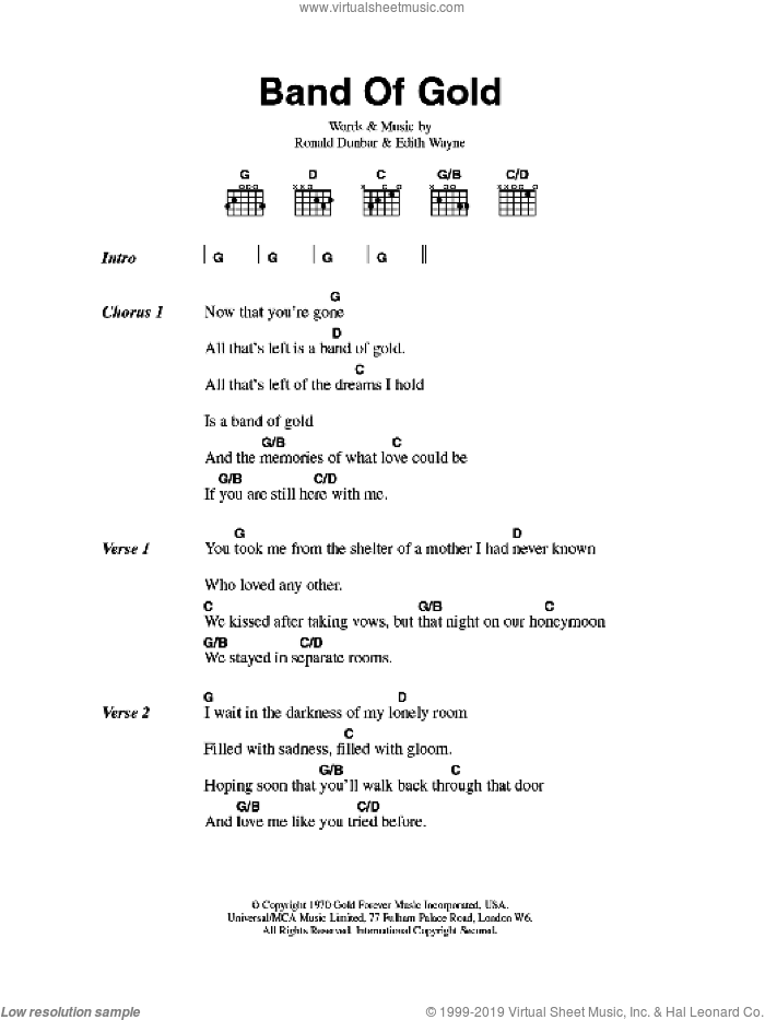 Band Of Gold sheet music for guitar (chords) by Freda Payne, Edith Wayne and Ronald Dunbar, intermediate skill level