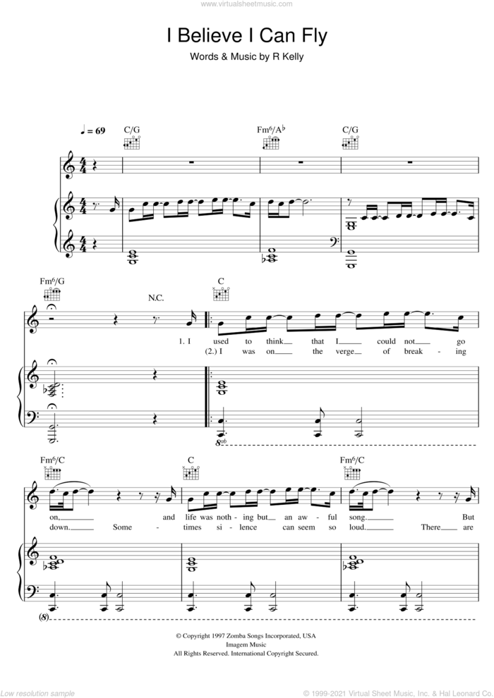 I Believe I Can Fly sheet music for voice, piano or guitar by Robert Kelly, intermediate skill level