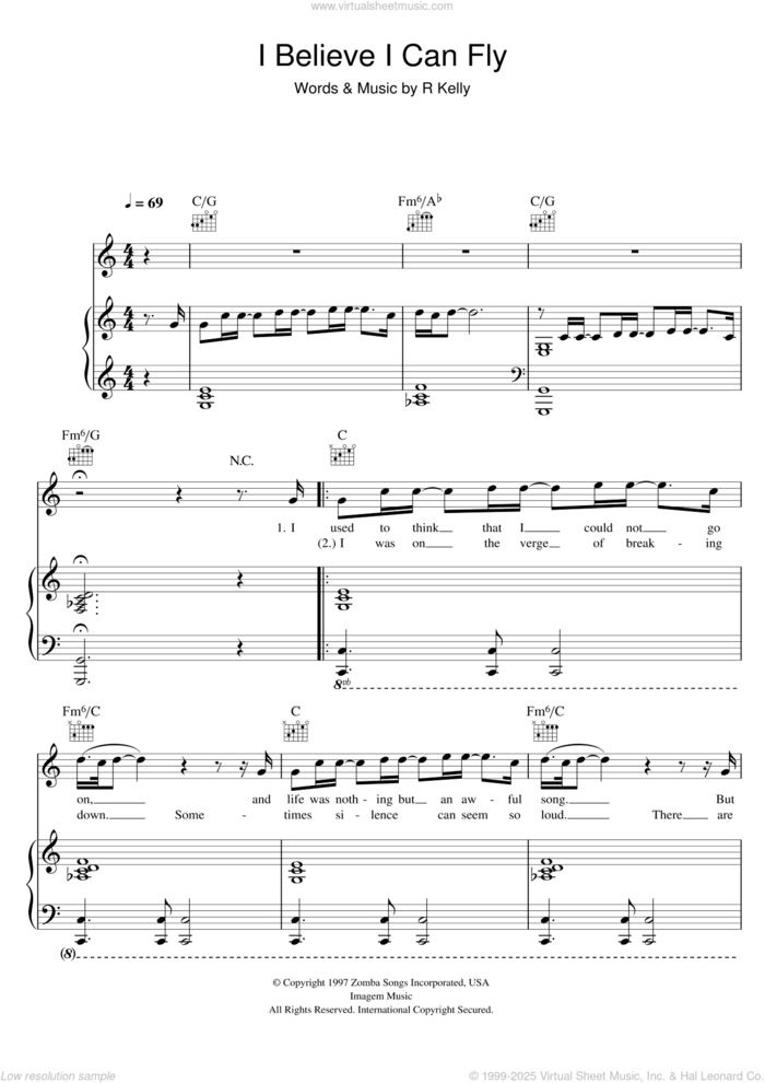 I Believe I Can Fly sheet music for voice, piano or guitar by Robert Kelly, intermediate skill level