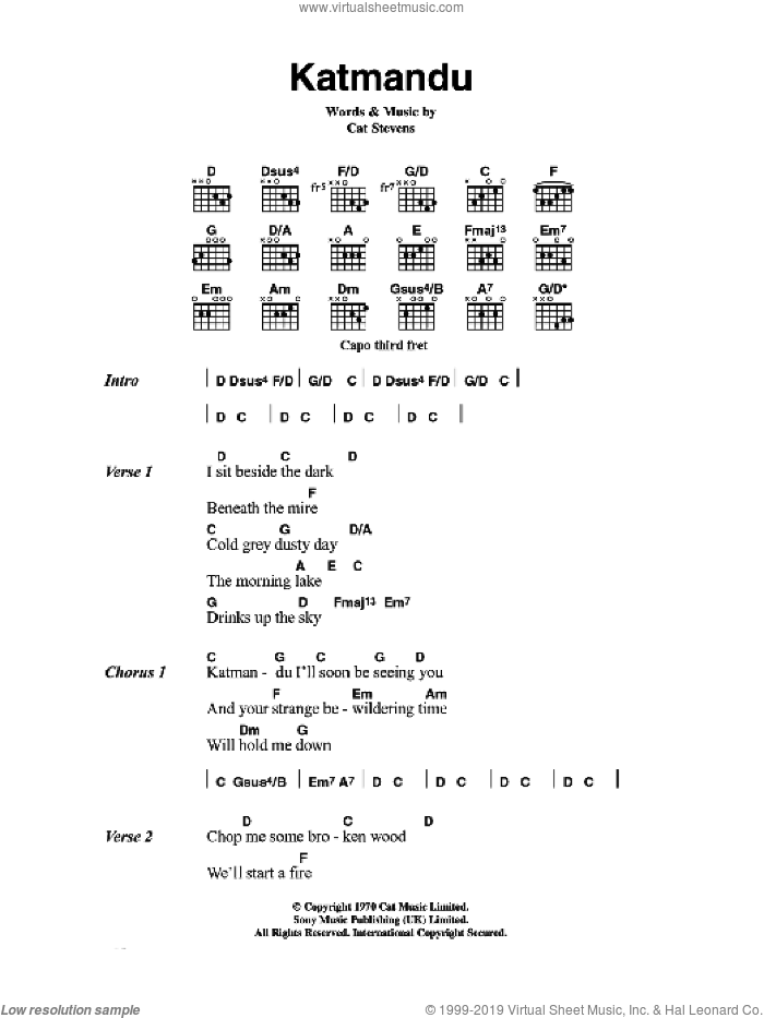 Katmandu sheet music for guitar (chords) by Cat Stevens, intermediate skill level
