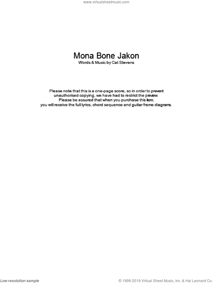 Mona Bone Jakon sheet music for guitar (chords) by Cat Stevens, intermediate skill level