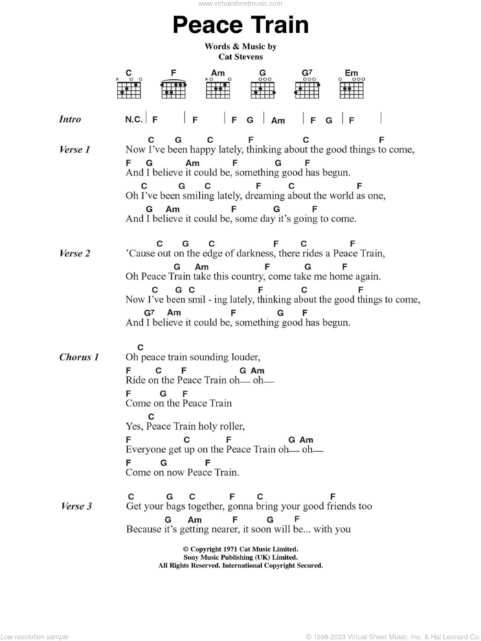 Peace Train sheet music for guitar (chords) by Cat Stevens, intermediate skill level