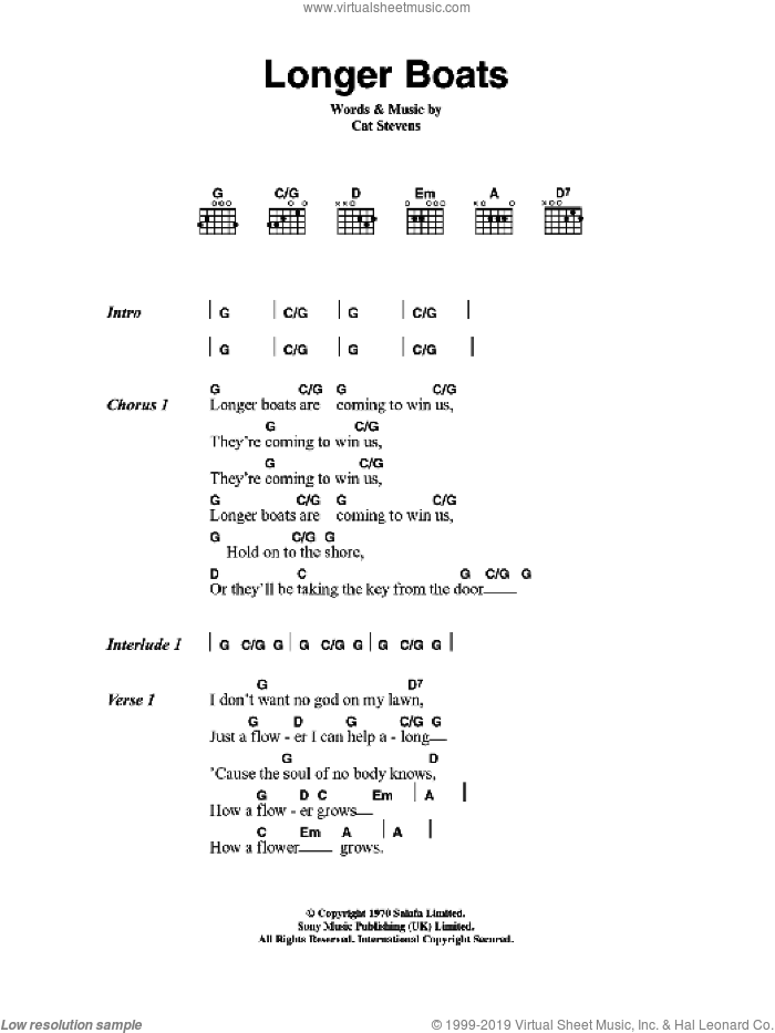 Longer Boats sheet music for guitar (chords) by Cat Stevens, intermediate skill level
