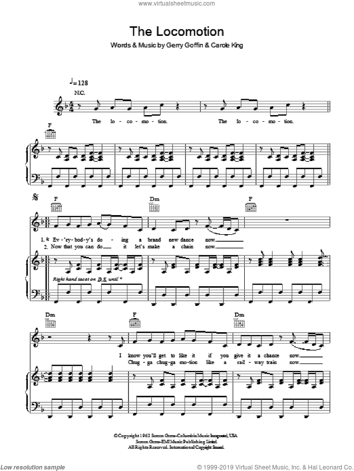 The Loco-Motion sheet music for voice, piano or guitar by Kylie Minogue, Carole King and Gerry Goffin, intermediate skill level