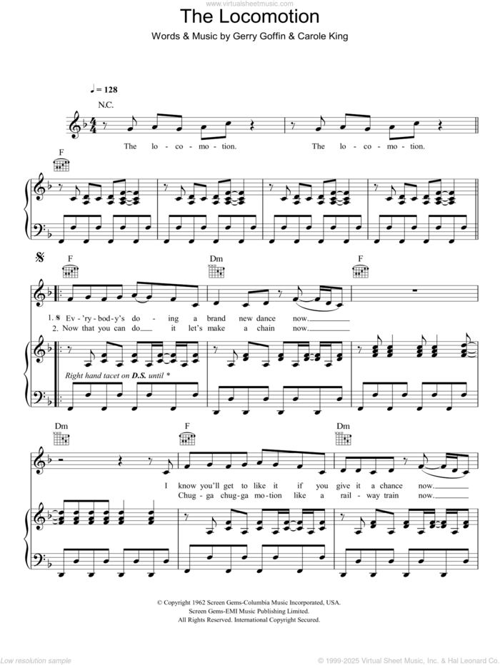 The Loco-Motion sheet music for voice, piano or guitar by Kylie Minogue, Carole King and Gerry Goffin, intermediate skill level