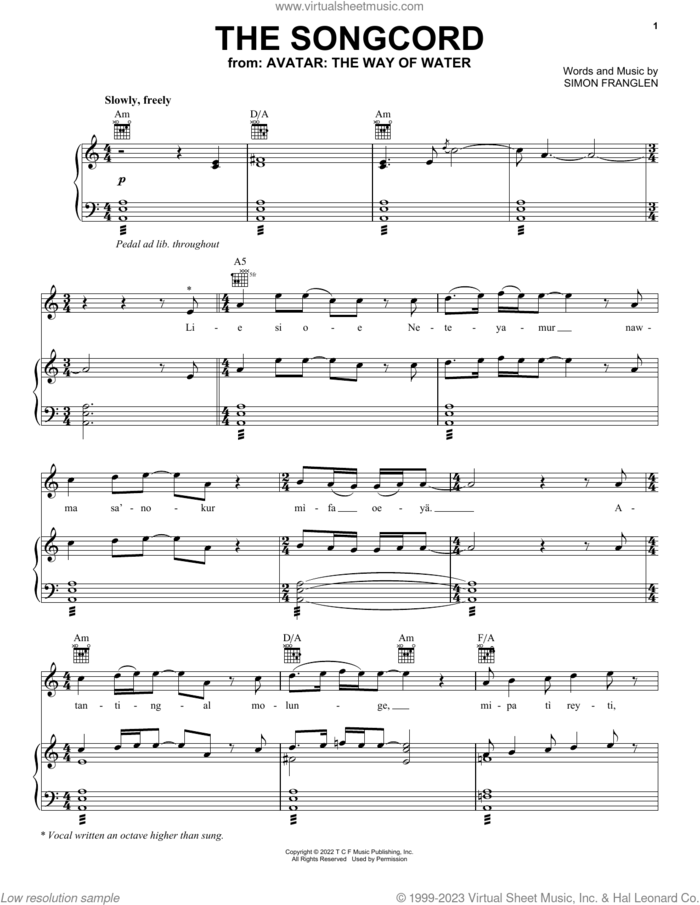 The Songcord (from Avatar: The Way Of Water) sheet music for voice, piano or guitar by Zoe Saldana and Simon Franglen, intermediate skill level
