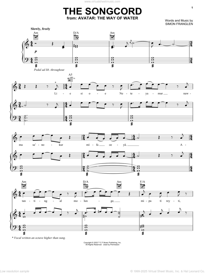 The Songcord (from Avatar: The Way Of Water) sheet music for voice, piano or guitar by Zoe Saldana and Simon Franglen, intermediate skill level